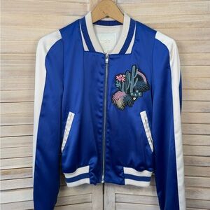 Maje Blue and White Satin Bomber Jacket with Cactus appliqué